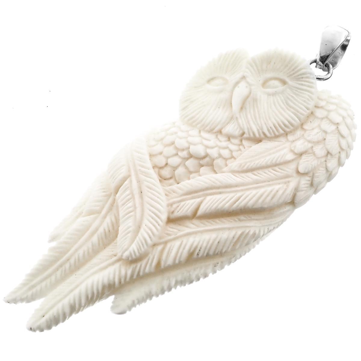 925 Silver Owl Feather Handcarved Bison Bone Carving Sterling Pendant, 3″