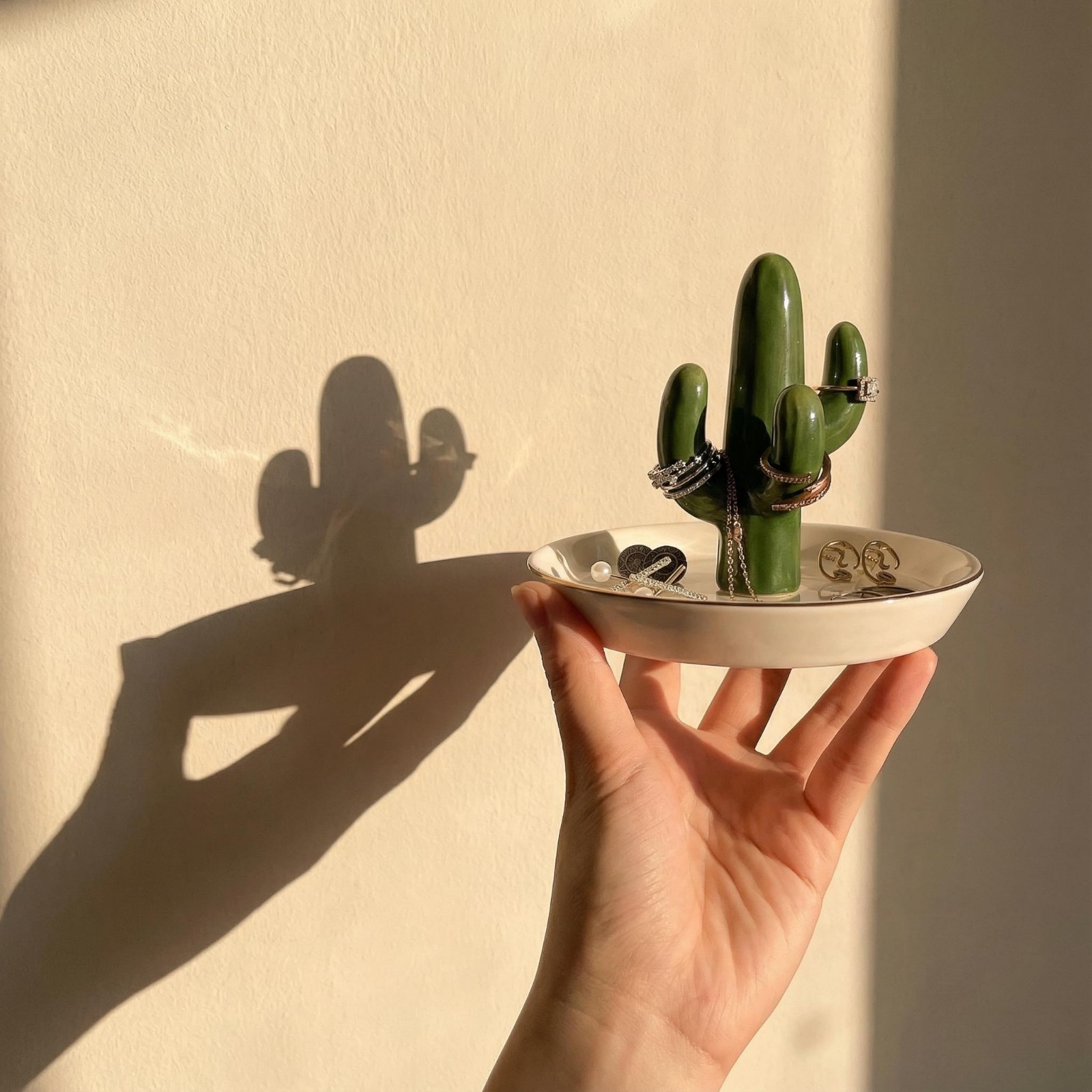 Ceramic Cactus Jewelry Holder & Ring Dish – Succulent Decor for Vanity & Sink, C