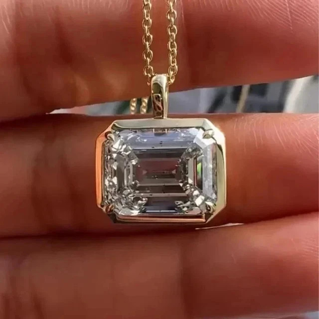 3CT Emerald Cut Moissanite Bezel Pendant Necklace 14K Yellow Gold Plated VVS1