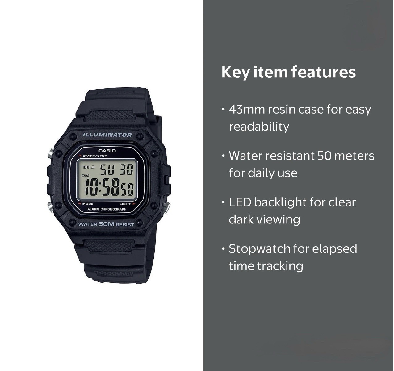 Casio W218H-1AV, Chronograph Watch, Black Resin Band, Alarm, Illuminator, NEW