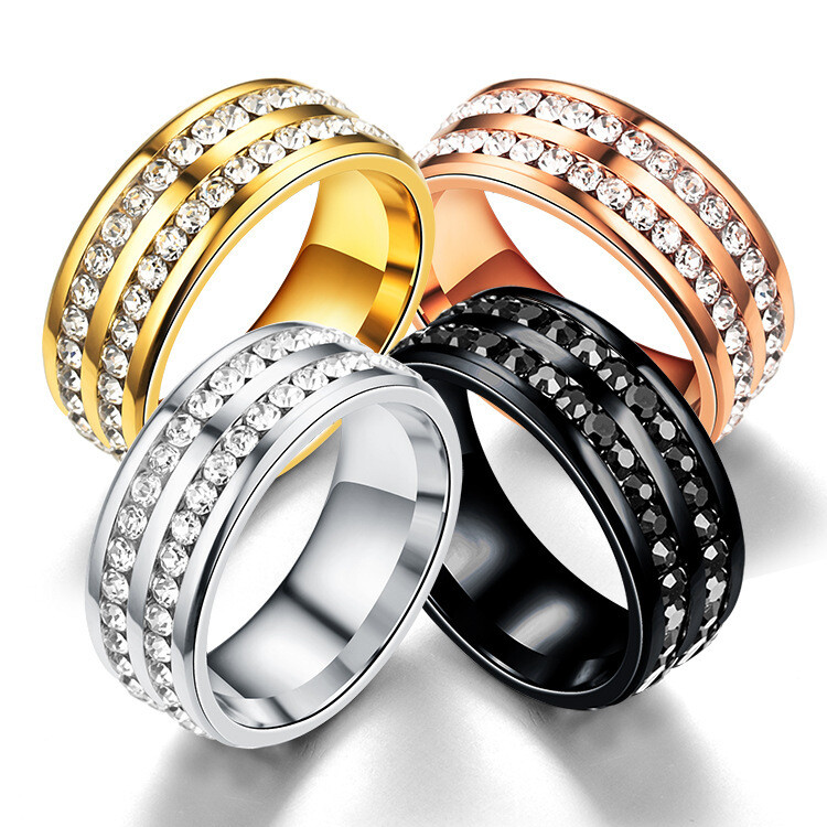 8mm Stainless Steel Wedding Silver/Gold Band Men Women Couple CZ Ring Size 5-13