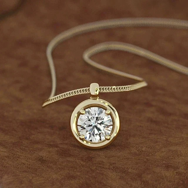 Real Moissanite 3Ct Round Cut Solitaire Beauty Pendant 14K Yellow Gold Plated