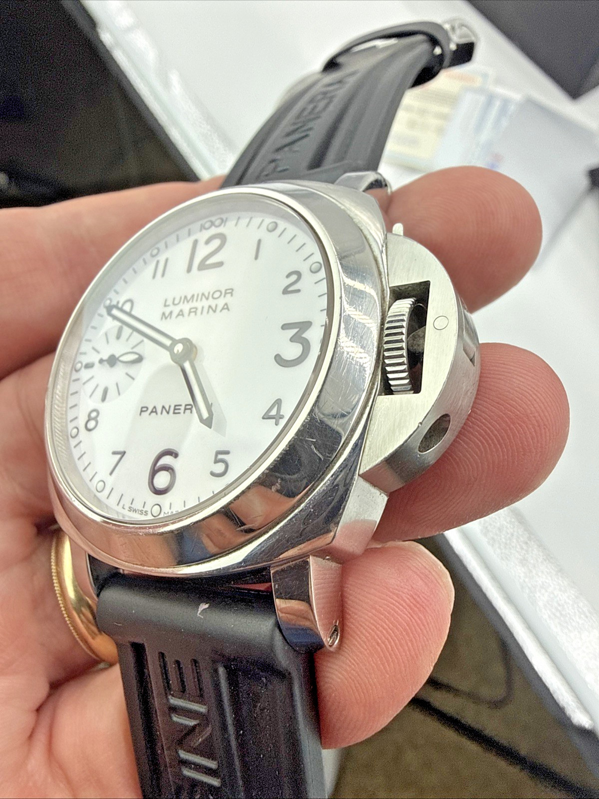 PANERAI 44MM Luminor MARINA PAM00113 OP6567 Box Papers WHITE DIAL Blk Rubber Bnd