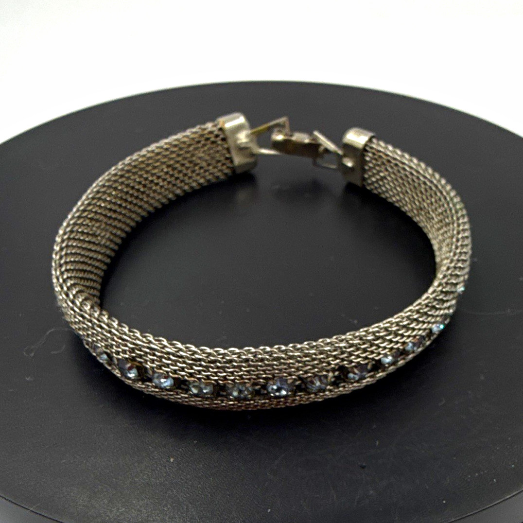 Silver Tone Round Blue Crystal Mesh Tennis Chain Bracelet Box Clasp