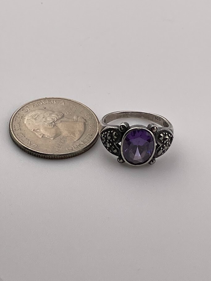 925 STERLING SILVER PURPLE CZ MARCASITE RING SIZE 6.5 DECO-STYLE BOHO 2342