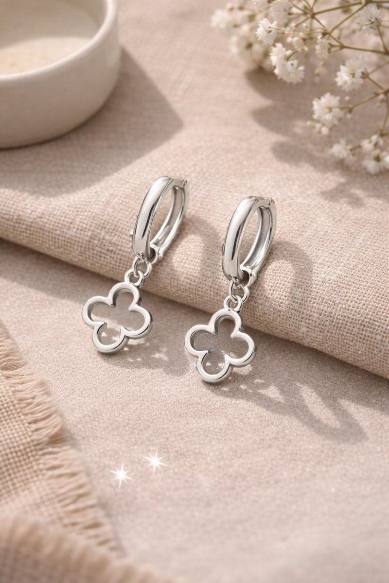 925 Sterling Silver Clover Charm Hoop Earrings | Flower Drop Dangle Jewelry
