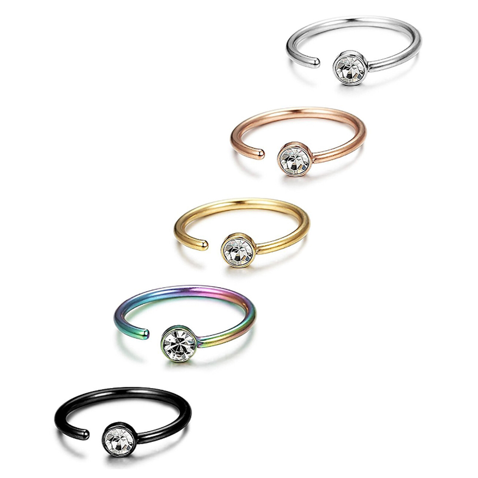5PCS Nose Ring Hoop Cartilage Ring 18 Gauge 316L Surgical Steel CZ Gem Earrings