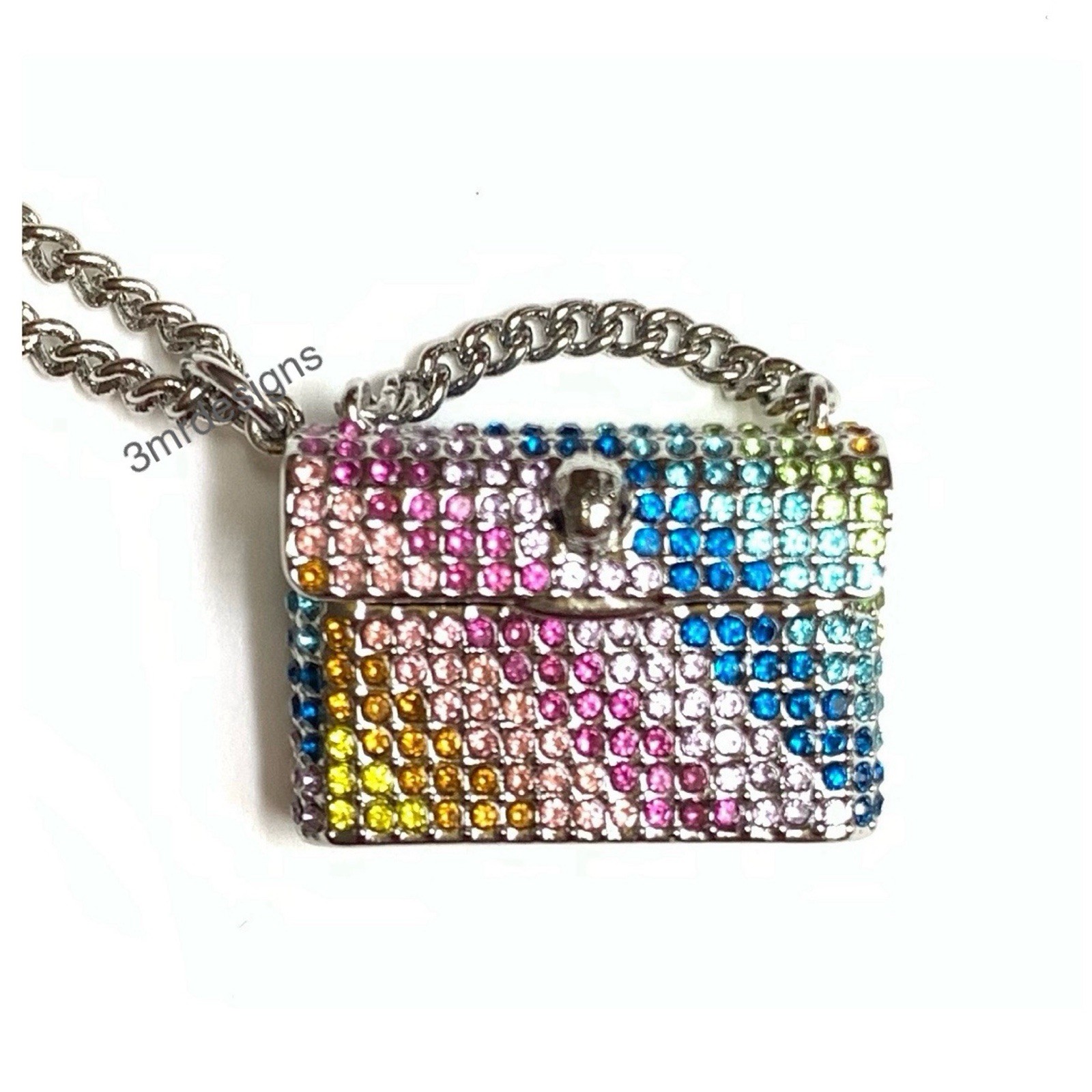 NWT KURT GEIGER Rainbow Crystals Silver Tone Kensington Mini Bag Long Necklace