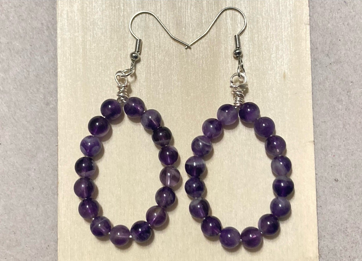 Purple Amethyst Oval Hoop Dangle Drop Bead Handmade Wire Wrap Earrings 2.5 Inch