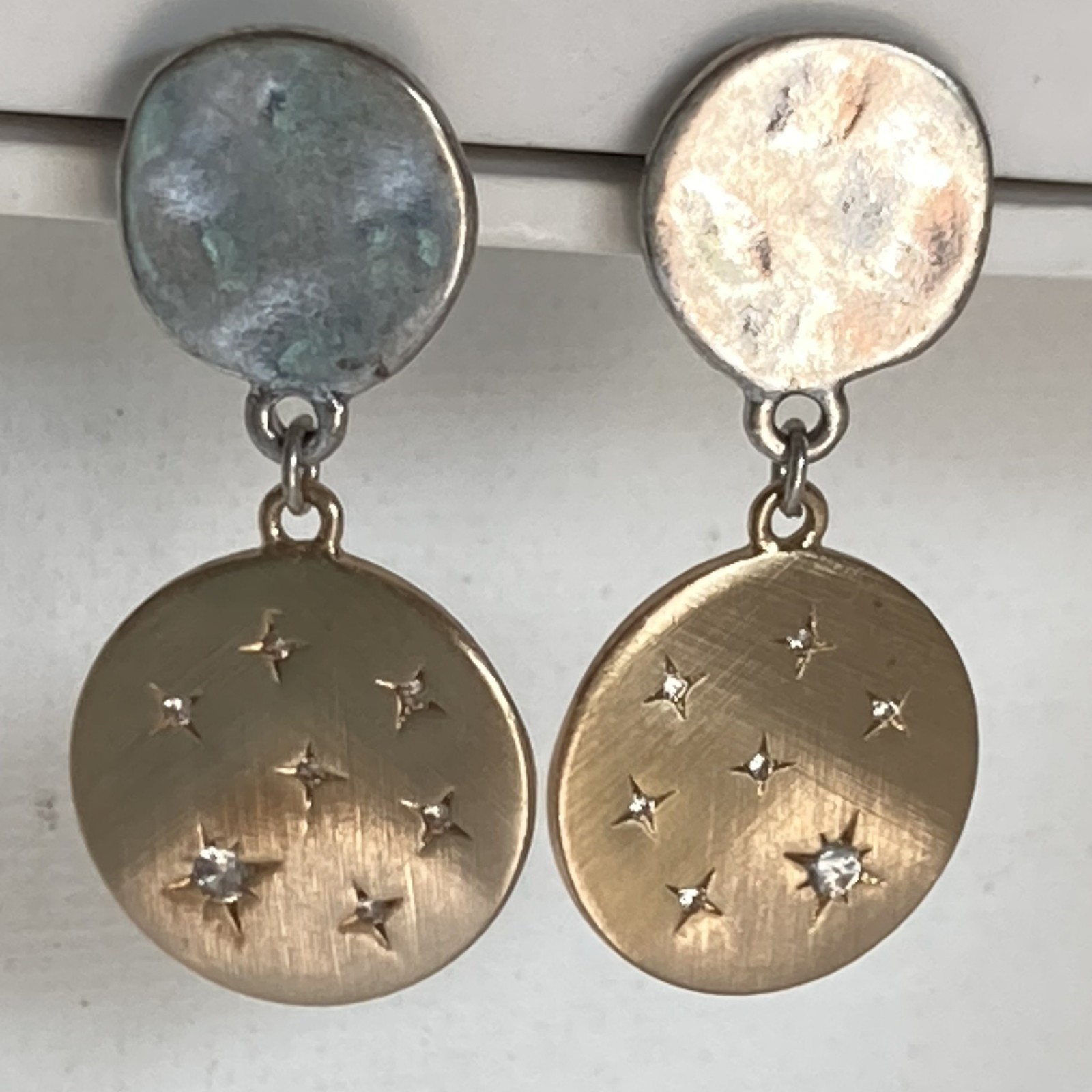 Earrings Constellations Mixed Metals Brushed Gold Finish Prong Set White Stones