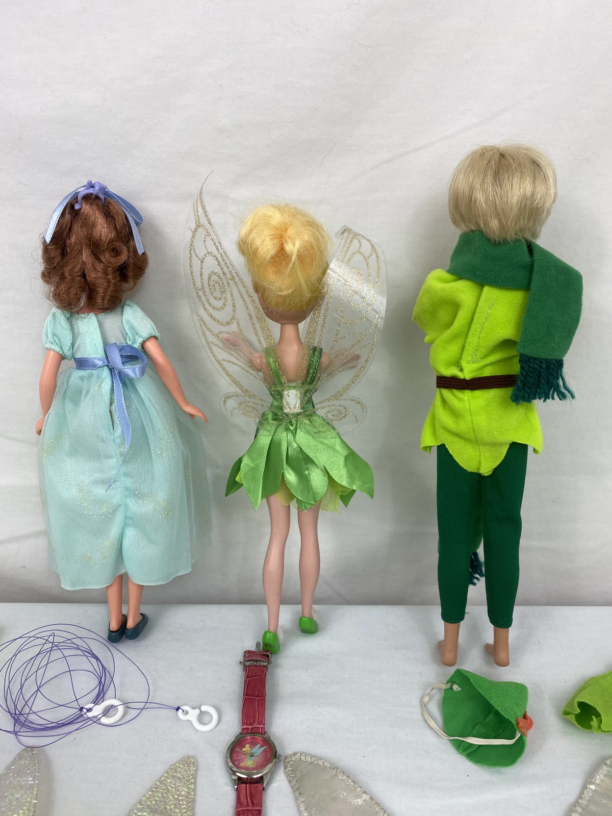 Disney Peter Pan Lot 3 Dolls + Tinker Bell Watch + 8 Outfits + Accessories