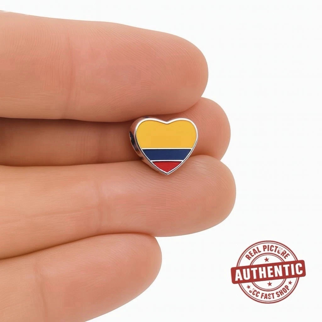 Colombia Flag Heart Charm Bead Sterling Silver Enamel Love Design for Bracelet