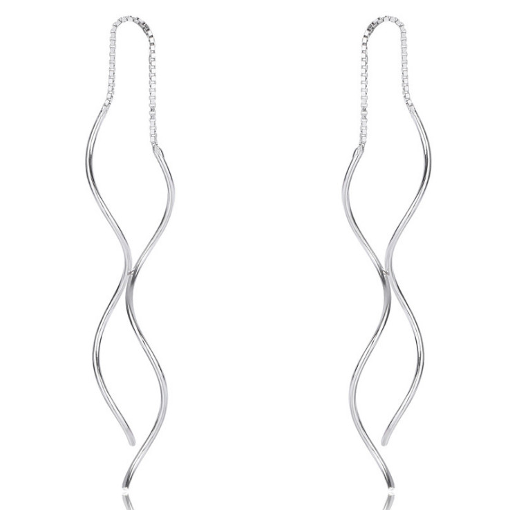 925 Sterling Silver Plated Wave Tassel Threader Drop Earrings Ear Wire 3.5″ D12