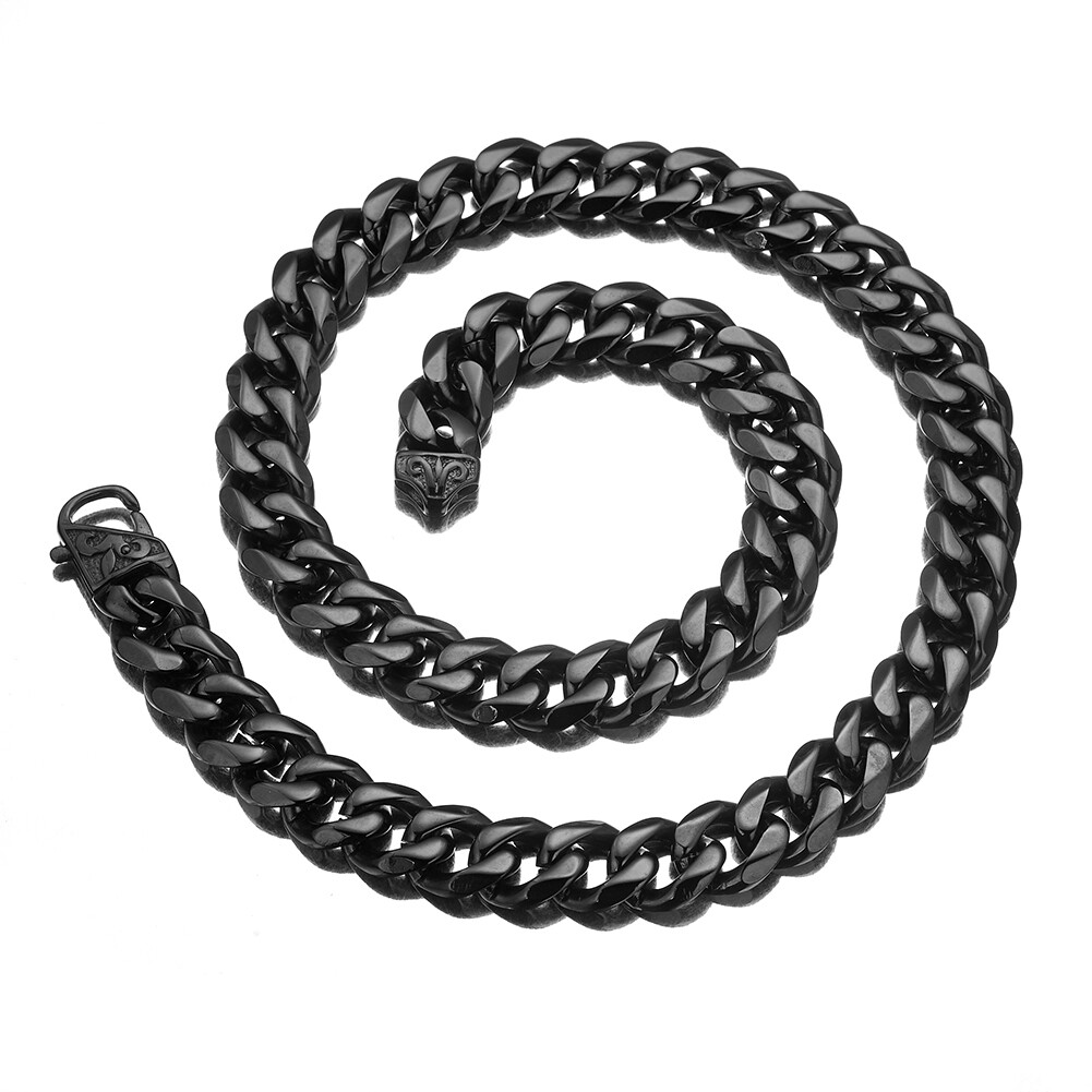 Cuban Curb Link Chain Necklace or Bracelet Black Plated Stainless Steel 12/15mm