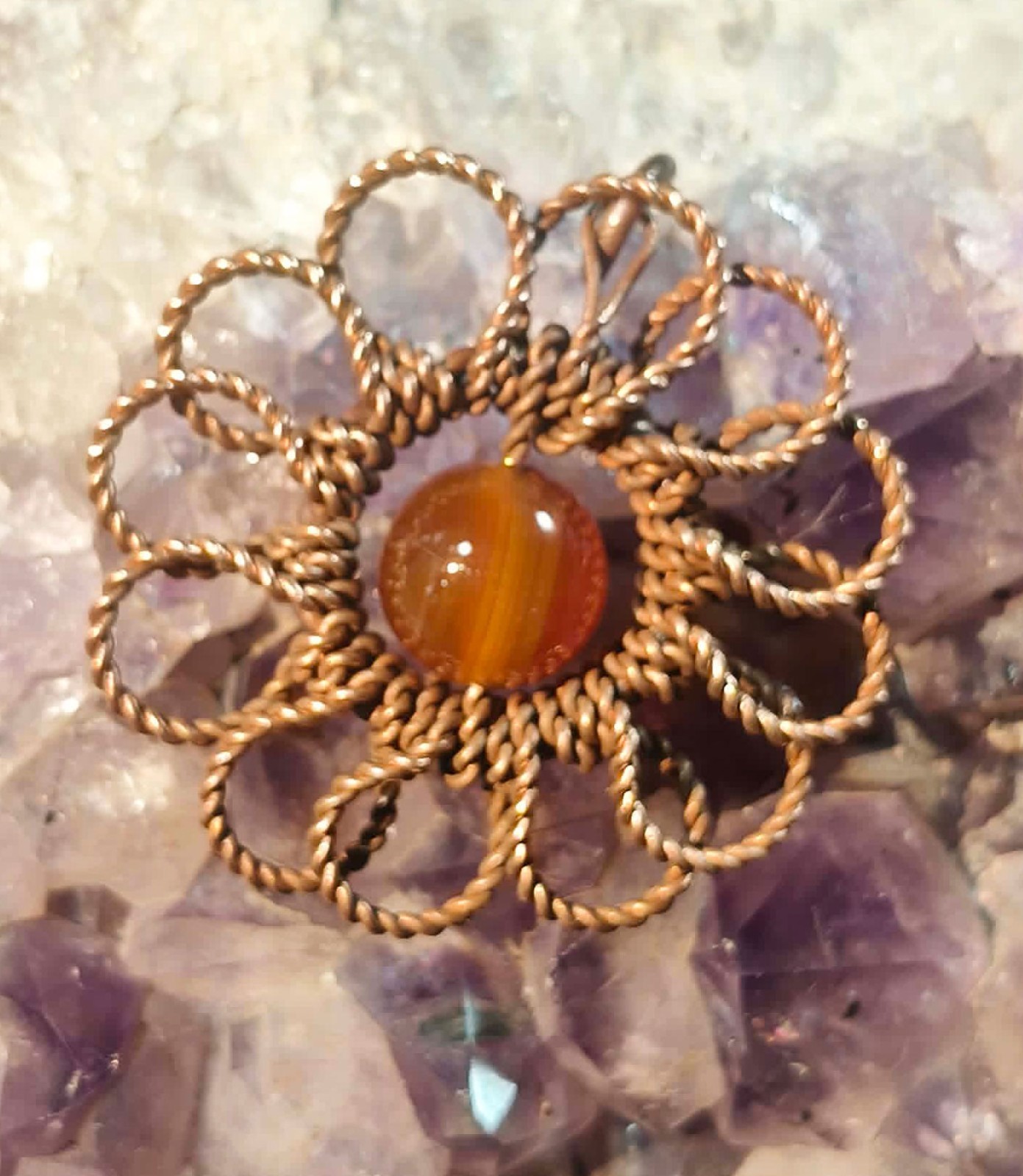 Flower Pendant Copper Daisy Wire Wrapped Mandala Agate Energy Lucky Jewelry #PM5