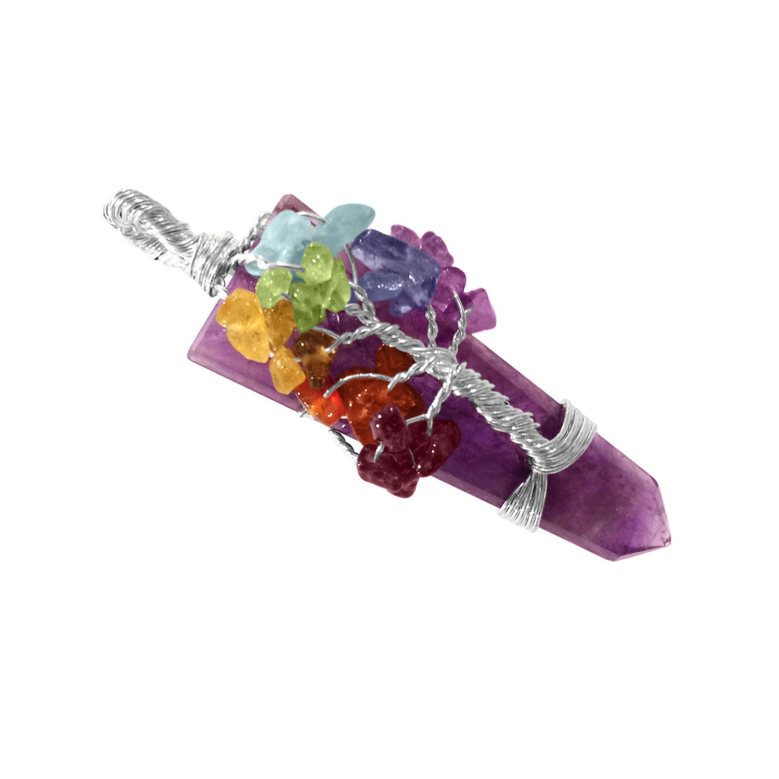 Wire Wrap Pendant Amethyst Crystal Pendant Tree Life 7 Chakra Gemstone Necklace