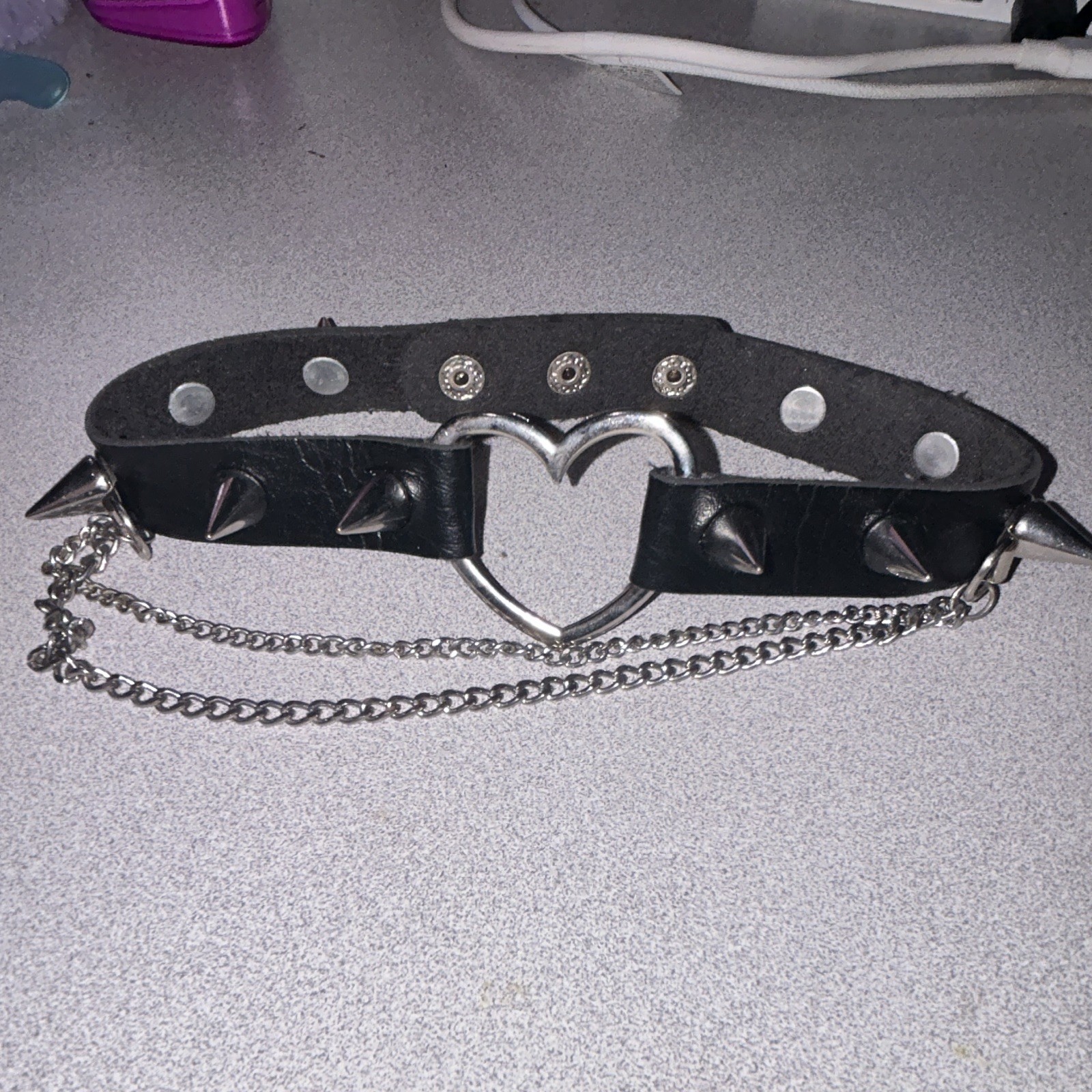 Black Faux Leather Punk Heart Ring Cable Chain Choker Necklace, Adjustable Snap