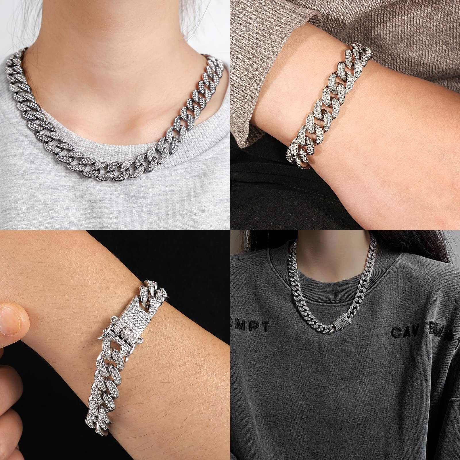 Men’s Cuban Link Chain & Bracelet Set, Silver Iced Out Diamond Hip Hop Jewelry