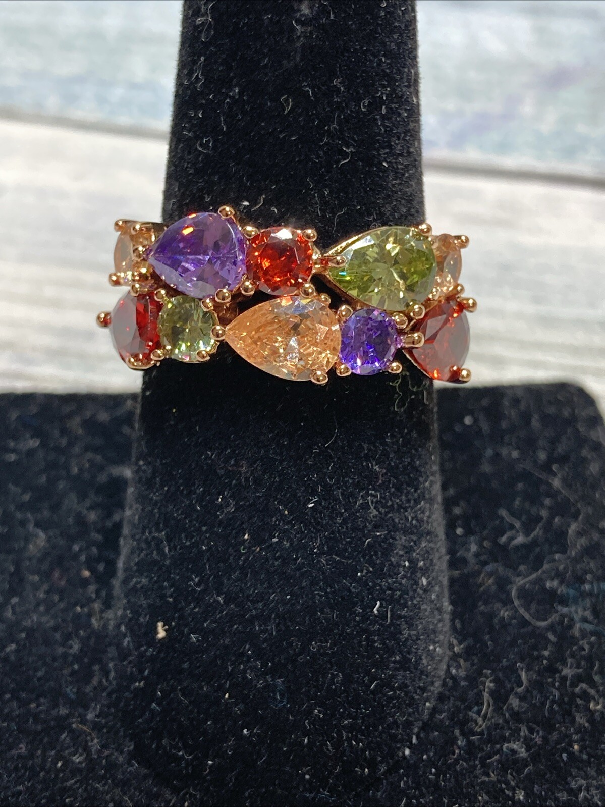 Multi-color Gem Stones Ring Costume Gold Tone NWOT size 7.5 Purple Green Red