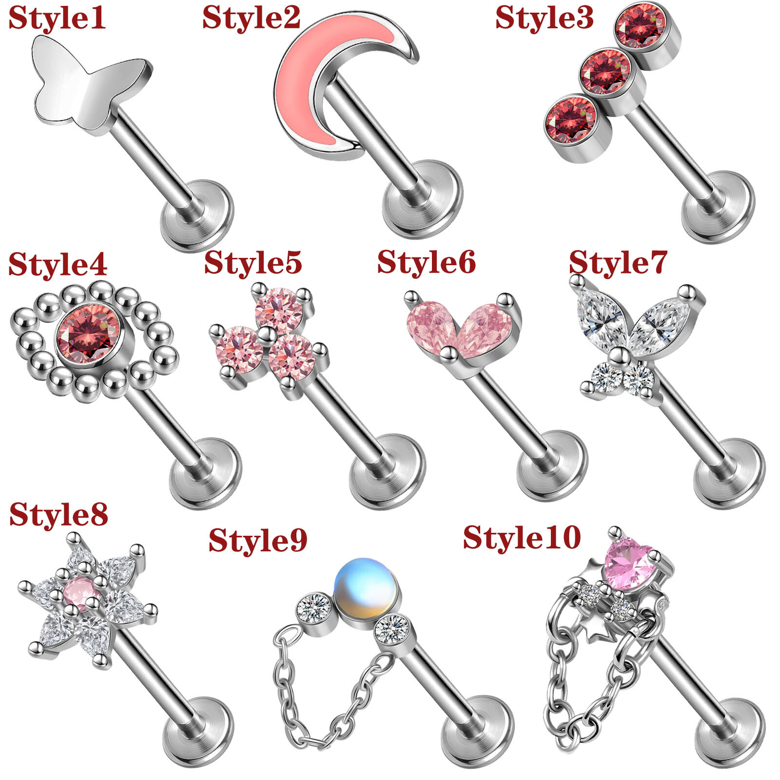 16g Stainless Steel Labret Lip Studs CZ Tragus Earrings Medusa Monroe Piercing