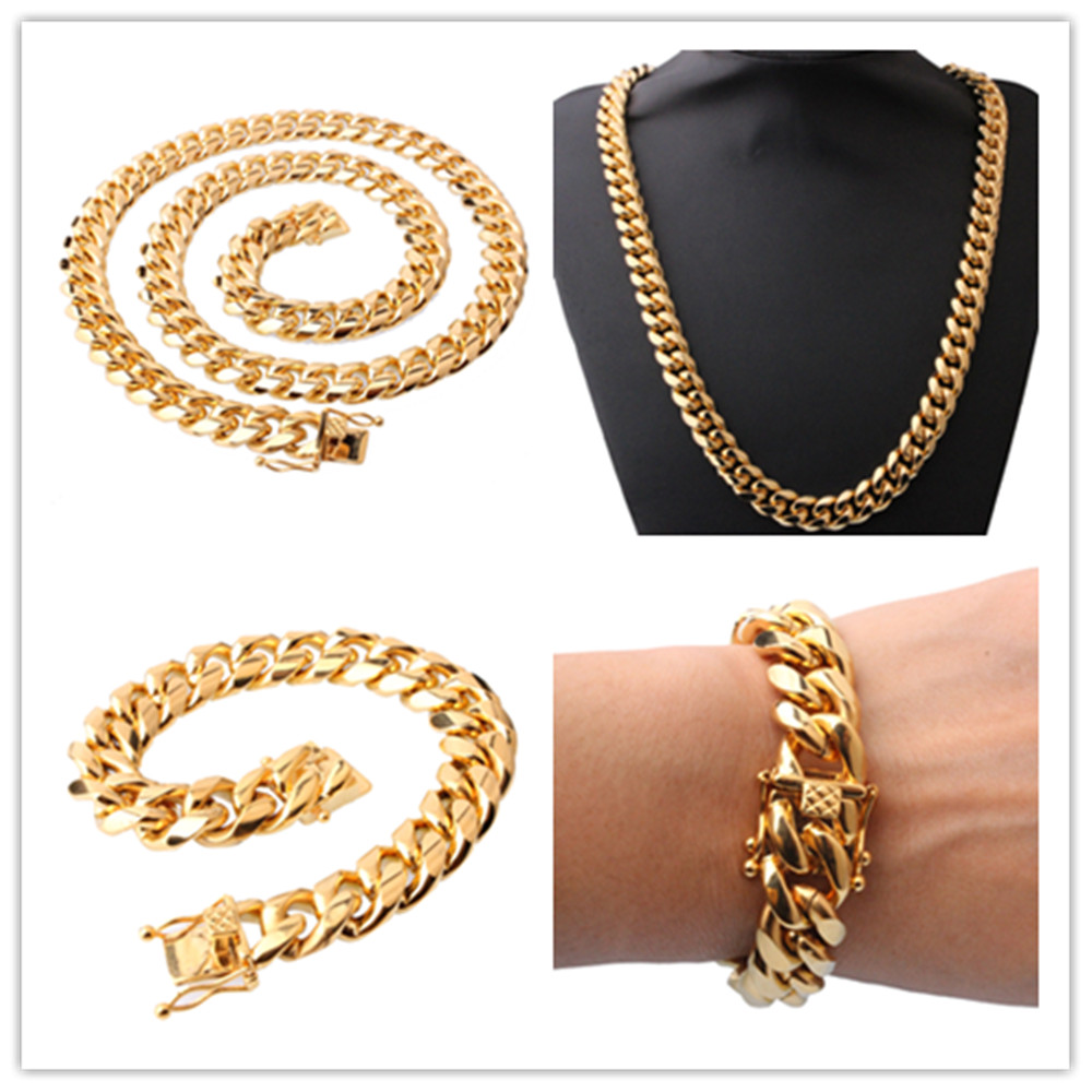 6/8/12/14/16/18mm 24 in Men Cuban Miami Link Set 18k Gold Plated Stainless Steel