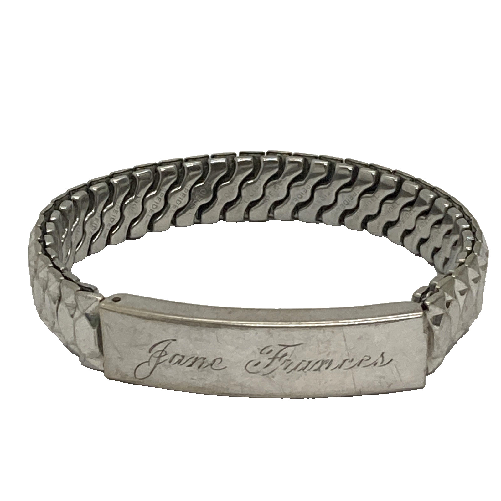 Vintage signed Spiedel expansion ID Bracelet Engraved “Jane Frances” silver tone