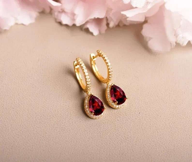 3 Ct Pear Cut Simulated Red Garnet Halo Drop Earrings In 14k Yellow Gold Plated