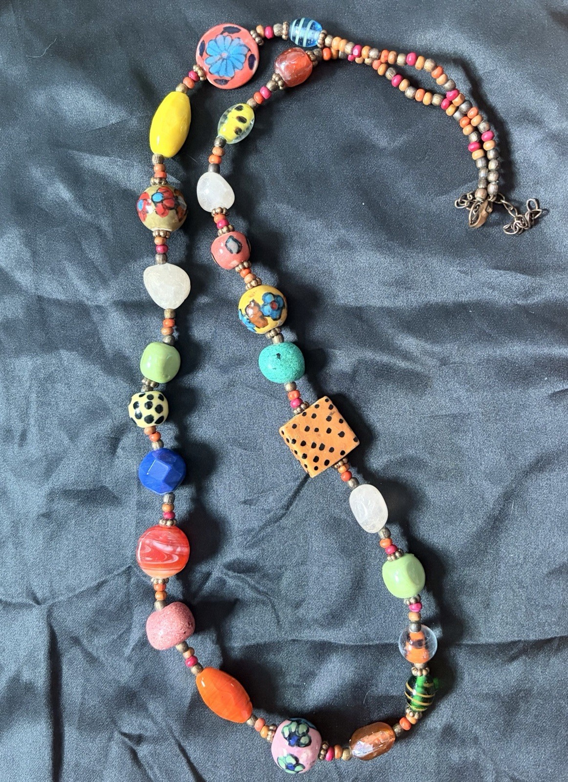 Vintage Art Glass Bead Necklace Artisan Lampwork Bead Stone Pained Long Boho