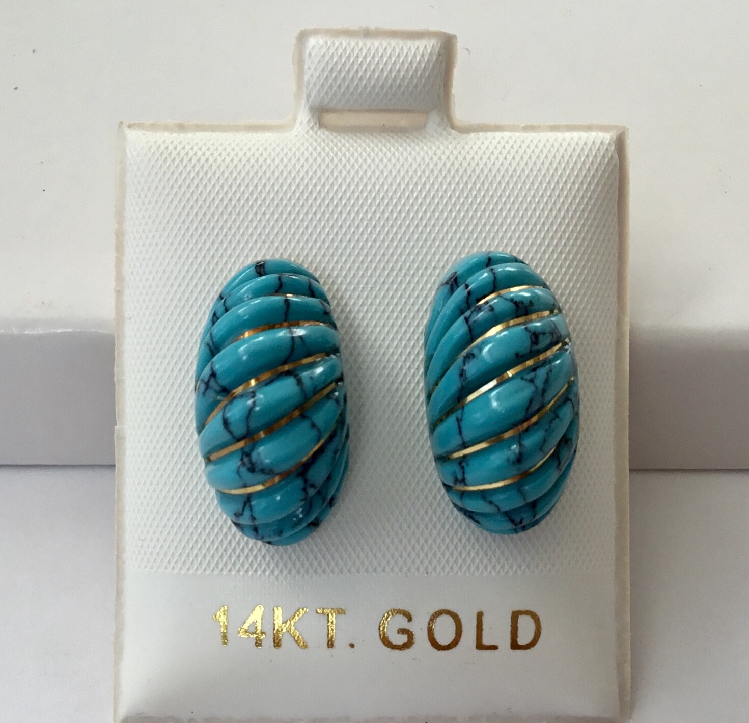 Solid 14K Yellow Gold Natural Turquoise Dome Earrings NEW
