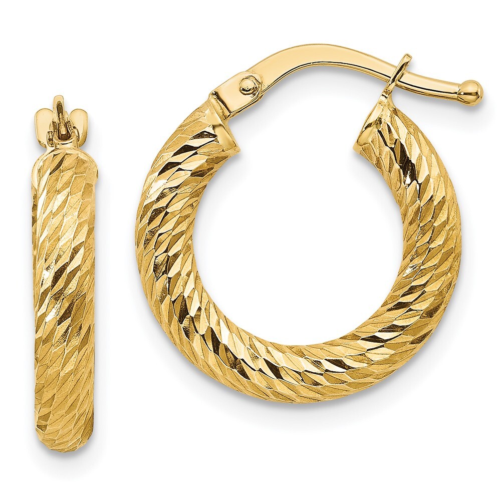 17.75mm 14K Yellow Gold 3x10mm Diamond-cut Round Hoop Earrings