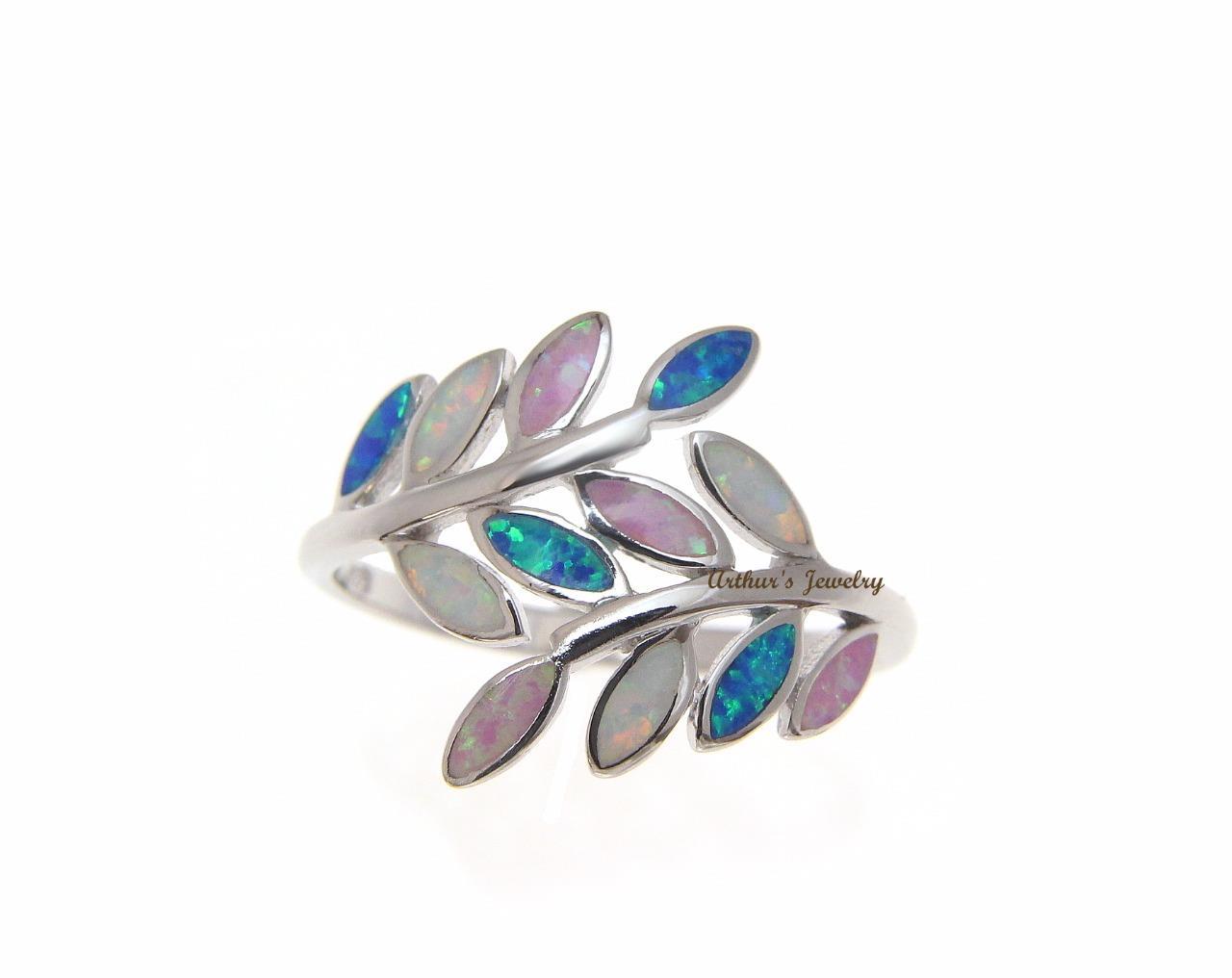 BLUE WHITE PINK TRICOLOR INLAY OPAL RING HAWAIIAN MAILE LEAF 925 STERLING SILVER