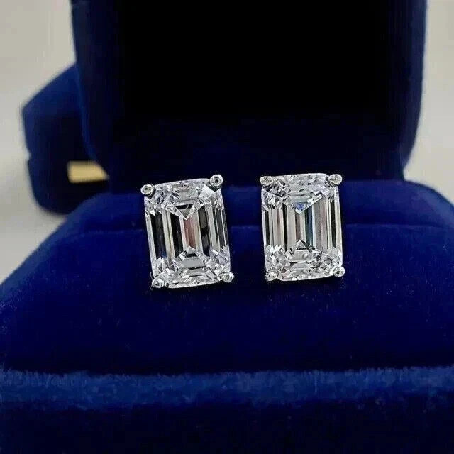 4Ct Emerald Cut Lab Created Diamond Women’s Stud Earrings 14 K White Gold Plated