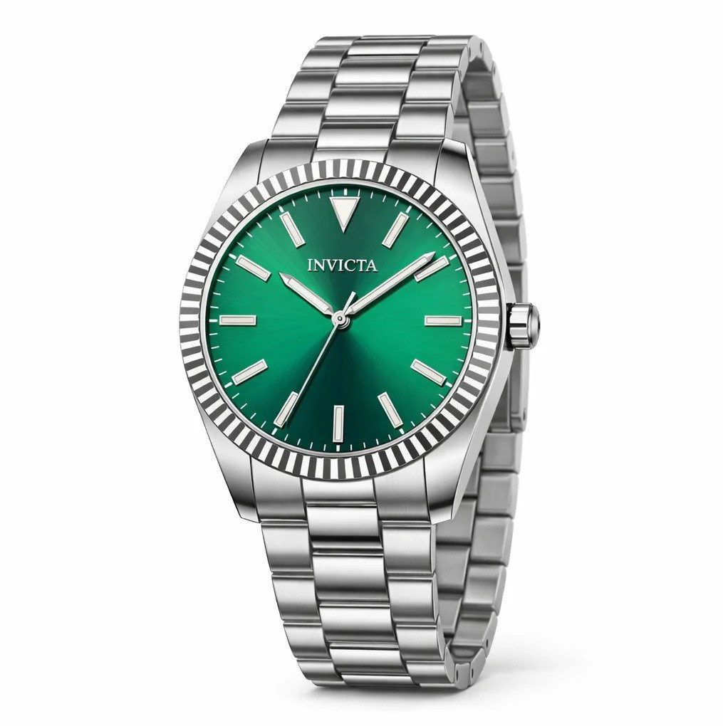 Invicta Men’s Analog Watch Green Dial Silver Stainless Steel Bracelet Fluted Box