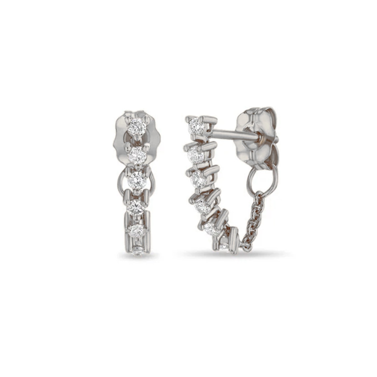 Real Diamond Curved Bar Huggie Stud Earrings Chain Back 14K Solid Gold Hoops