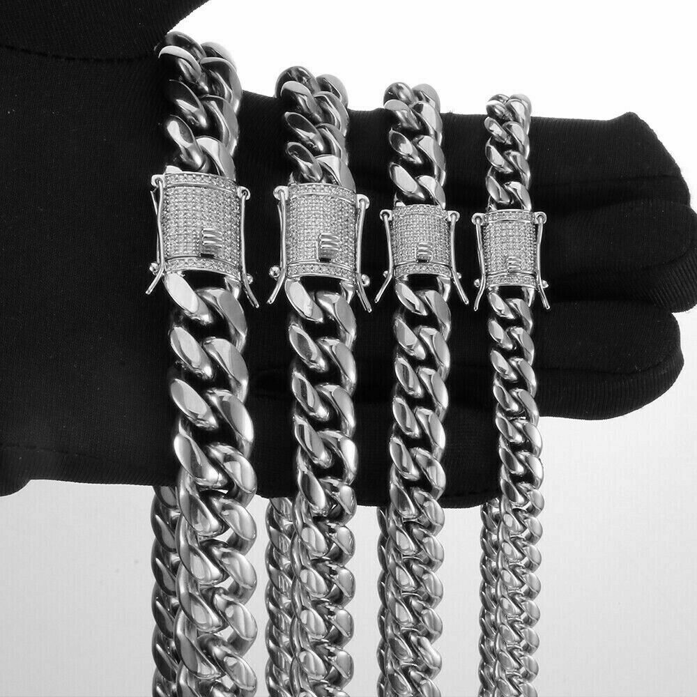 White Gold Plated Stainless Steel Miami Cuban Link Chain With CZ Clasp 8MM-14MM