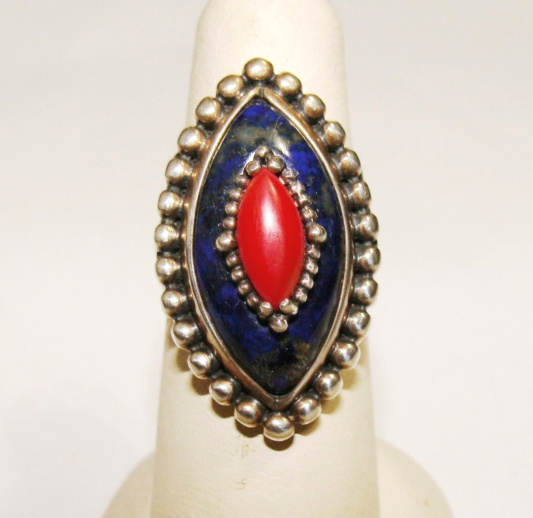 Carolyn Pollack Relios Sterling Silver 12.0g Marquise Lapis & Coral Ring SZ 6.25