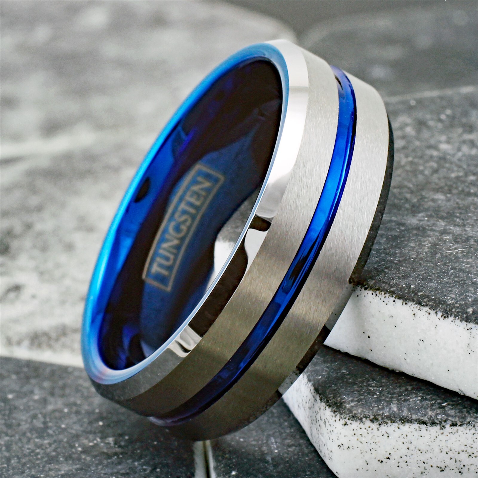 Tungsten Carbide Men’s Ring Brushed Silver Thin Blue Line Wedding Band Jewelry