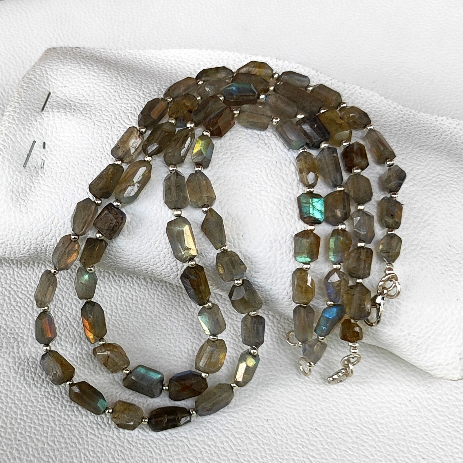 India Rainbow Fire Labradorite 7-11mm Faceted Nugget Beads 17″ Necklace