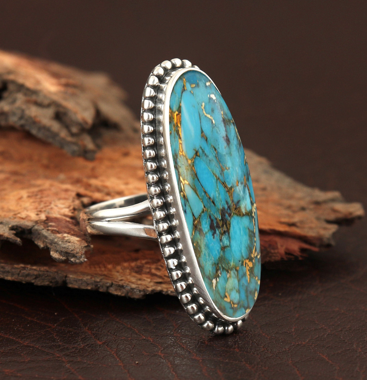 Blue Copper Turquoise Ring 925 Sterling Silver Long Gemstone All Size MO901
