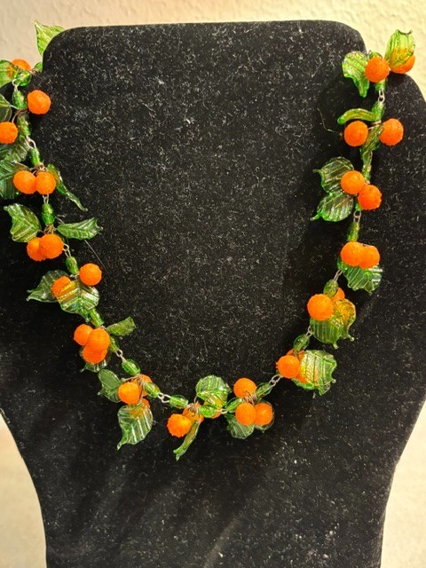 Vintage Fruit Salad Style Venetian Glass Bead Necklace Green & Orange 17 In.