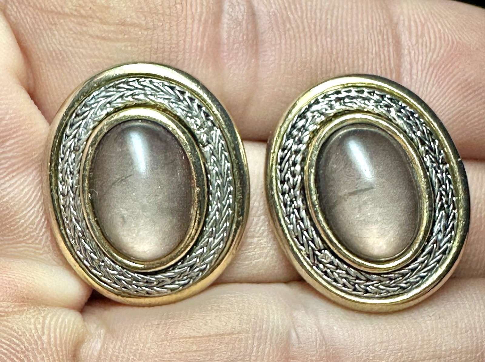 Vintage Gold & Silver Tone Lucite Brown Oval Clip on Earrings