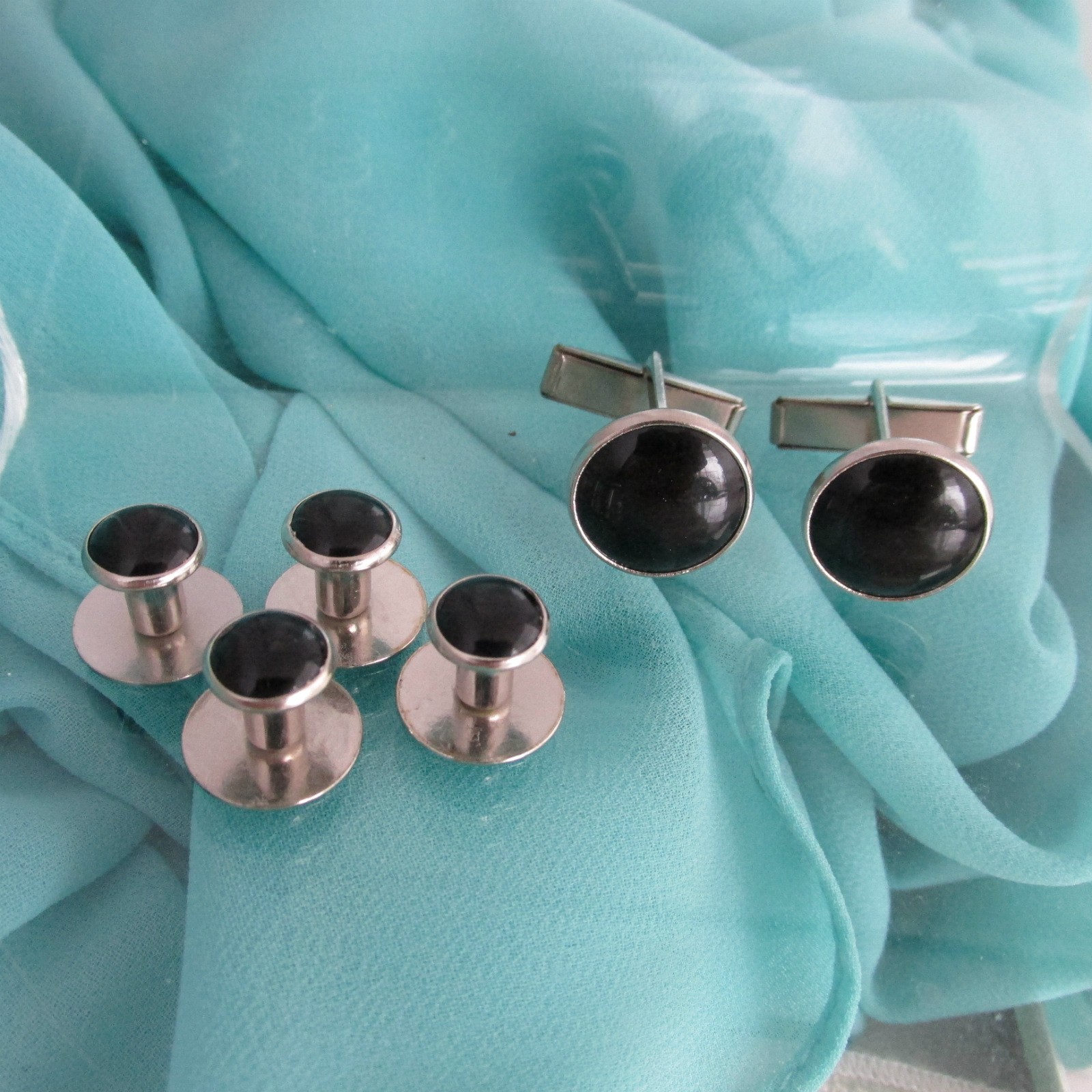 Faux Onyx Silver Plated Cufflinks + 4 Studs Set Wedding Prom Special Occasion