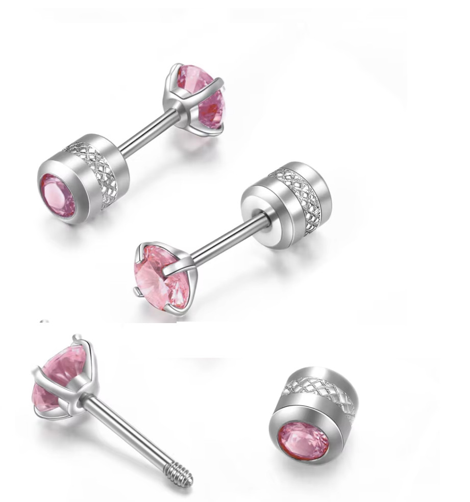 Silver Stainless Steel Round CZ Stud Earrings for Women Men Piercing Screw Back