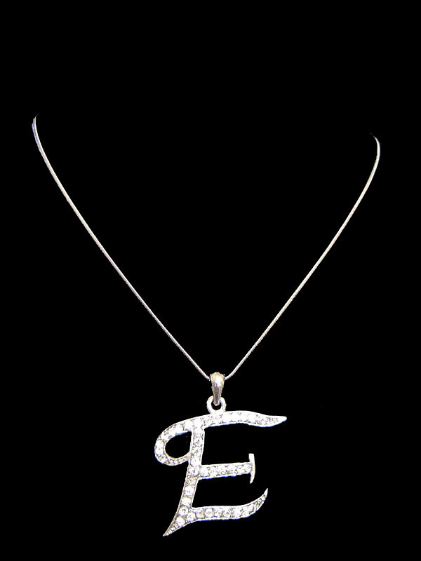 “E” LETTER INITIAL ALPHABET PENDANT CHARM NECKLACE CLEAR CRYSTALS SILVER TONE