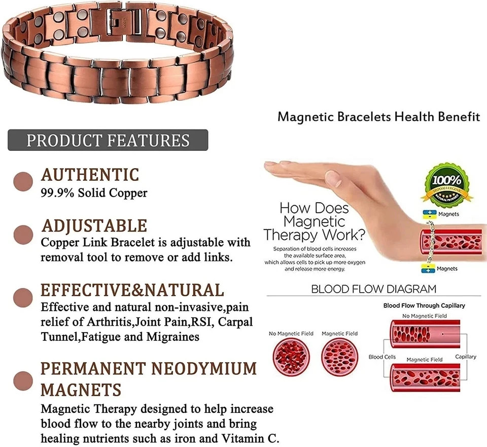 2 Pack Pure Copper Magnetic Bracelet Arthritis Pain Therapy Energy Cuff Bangle