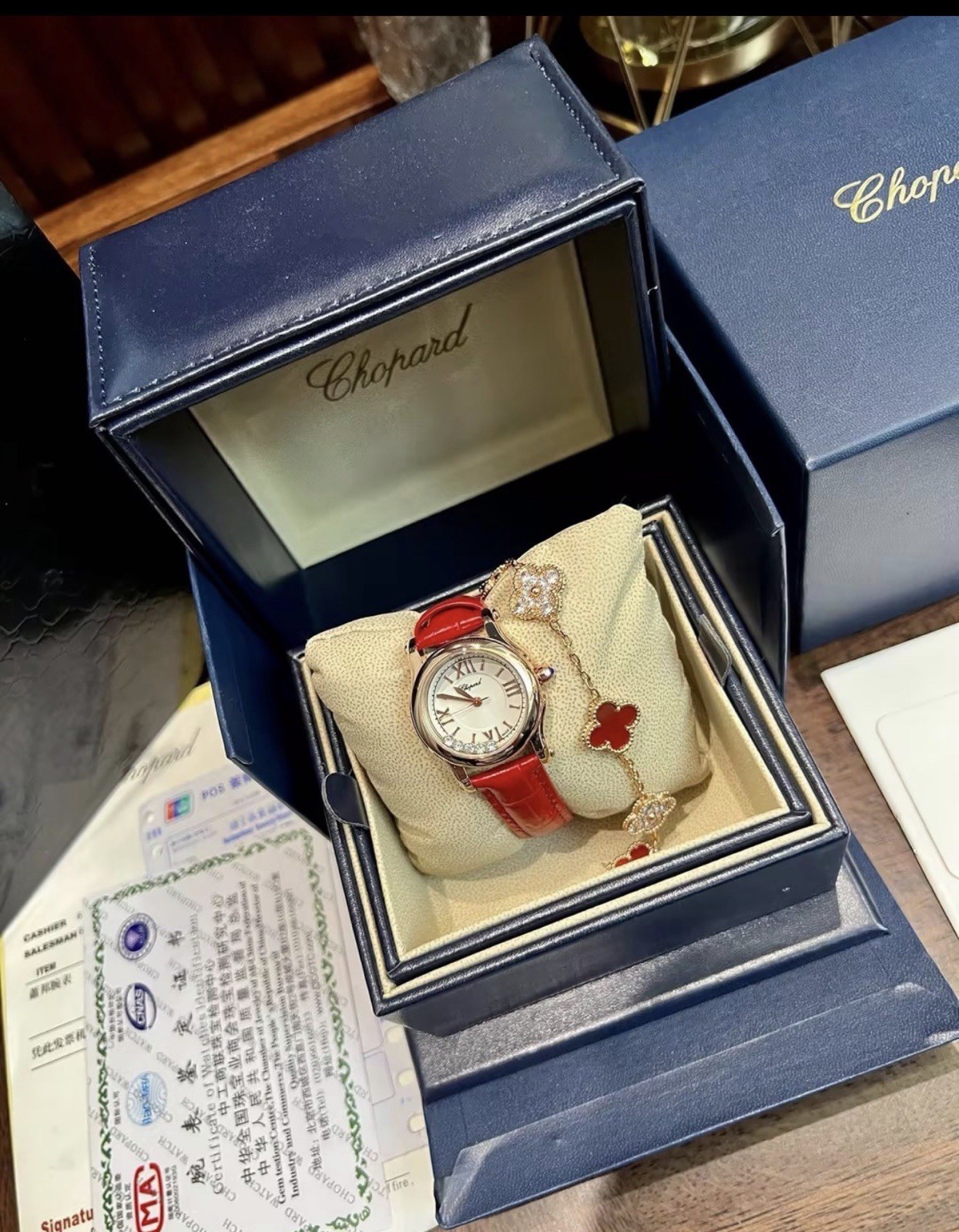 Chopard Happy Sport Quartz 36mm Silver Dial Red Leather Strap Box Papers
