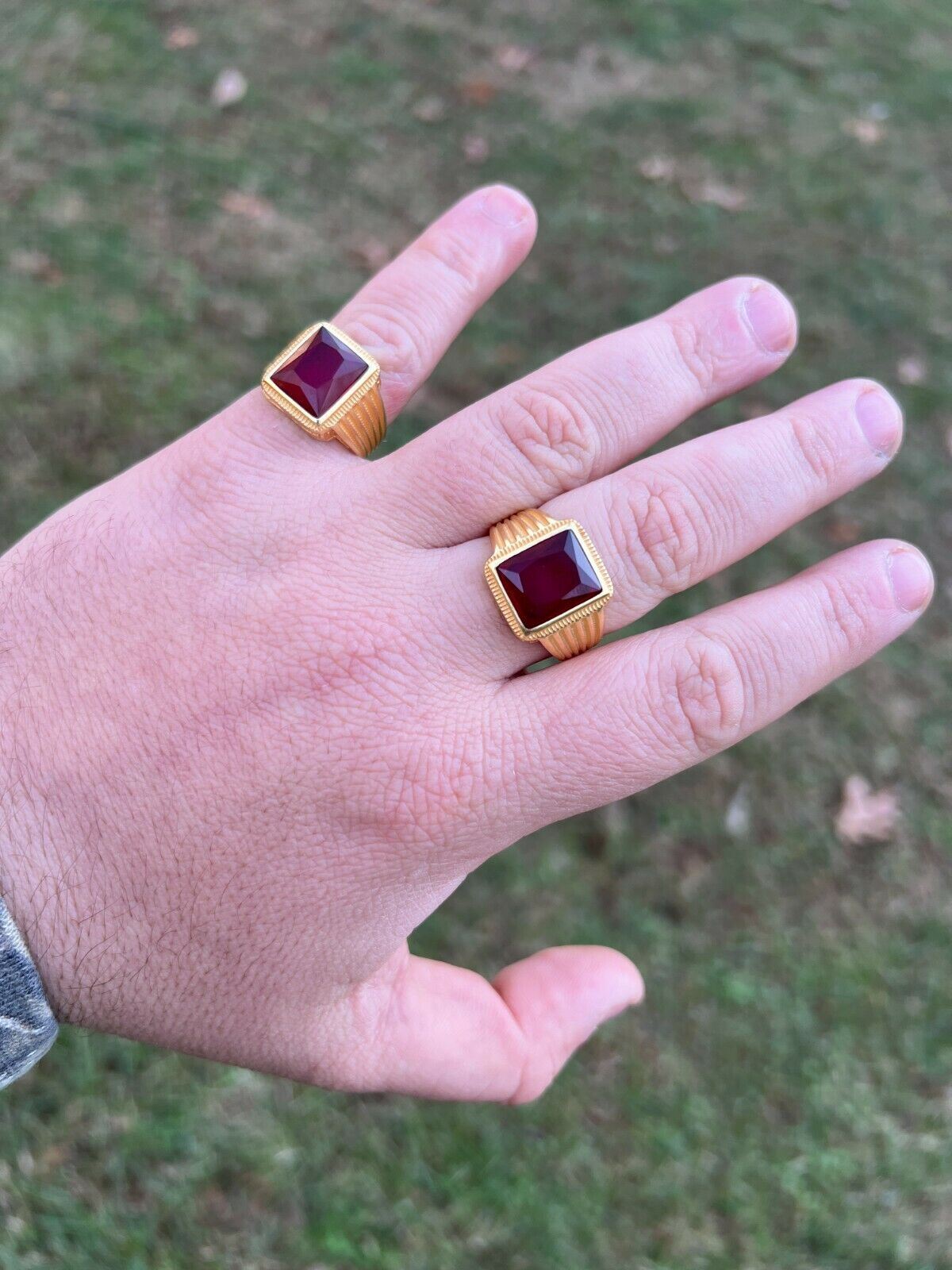 Mens Real 14k Gold Vermeil Over Solid 925 Silver Red Stone Ring Hip Hop Ice