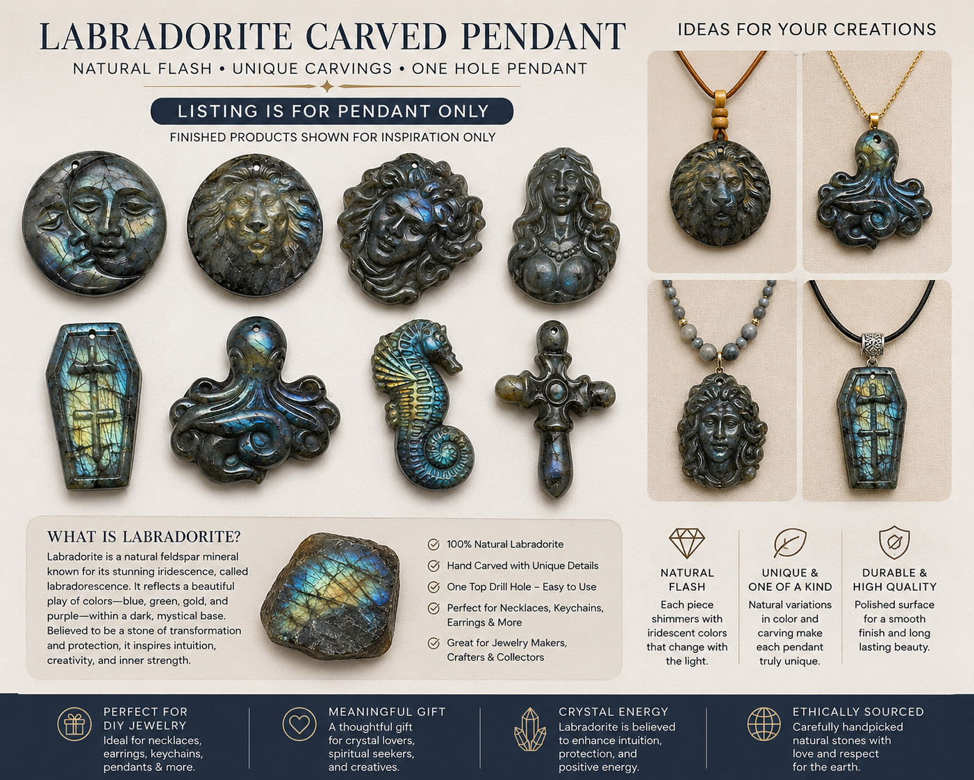 Natural Labradorite Carved Flashy Labradorite Necklace Pendant for Jewelry PG199