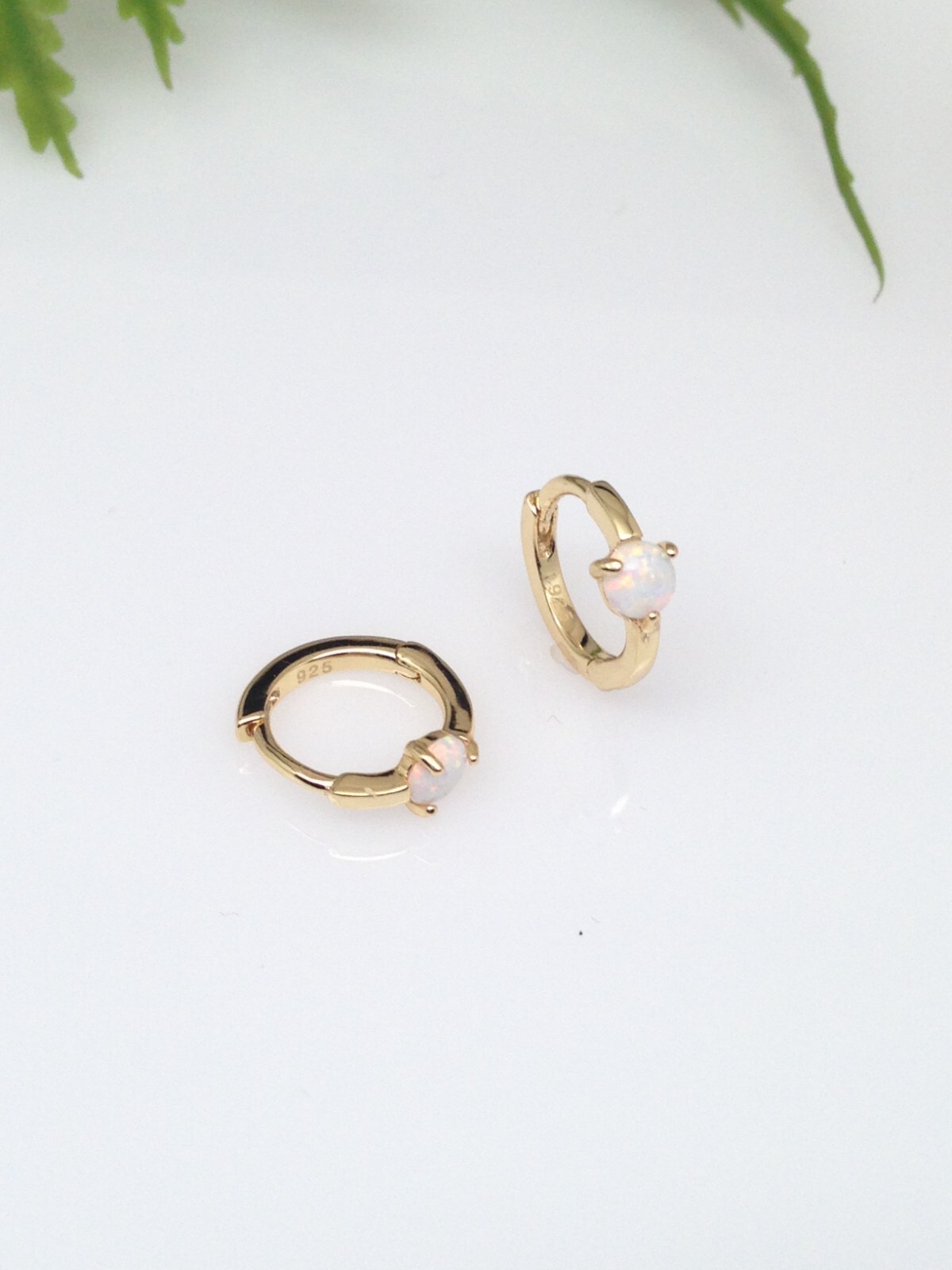 925 Sterling Silver White Opal Huggie Hoop Earrings VERY SMALL 10mm/7.8mm x1mm