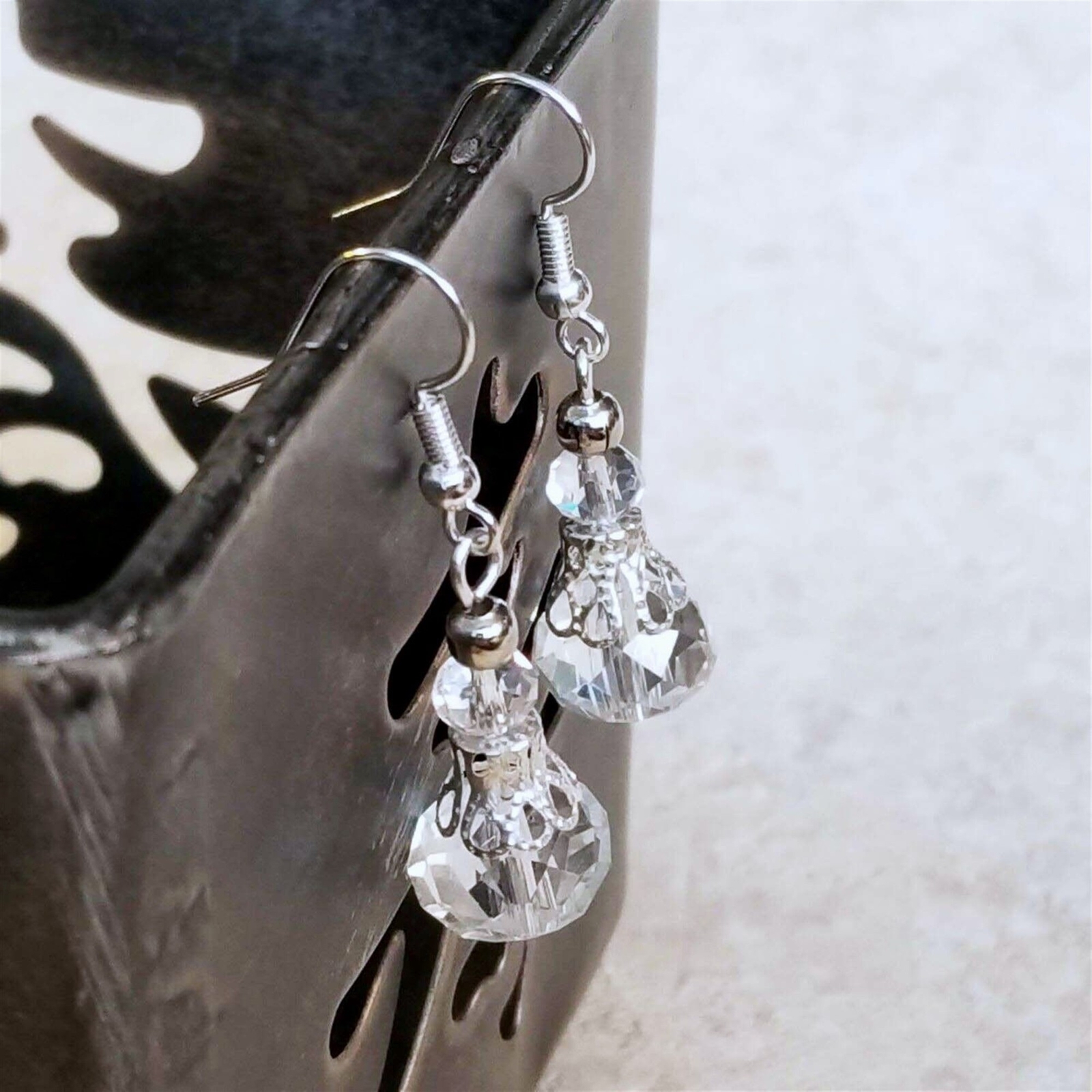 Victorian Clear Crystal Silver Filigree Basket Handcrafted Earrings